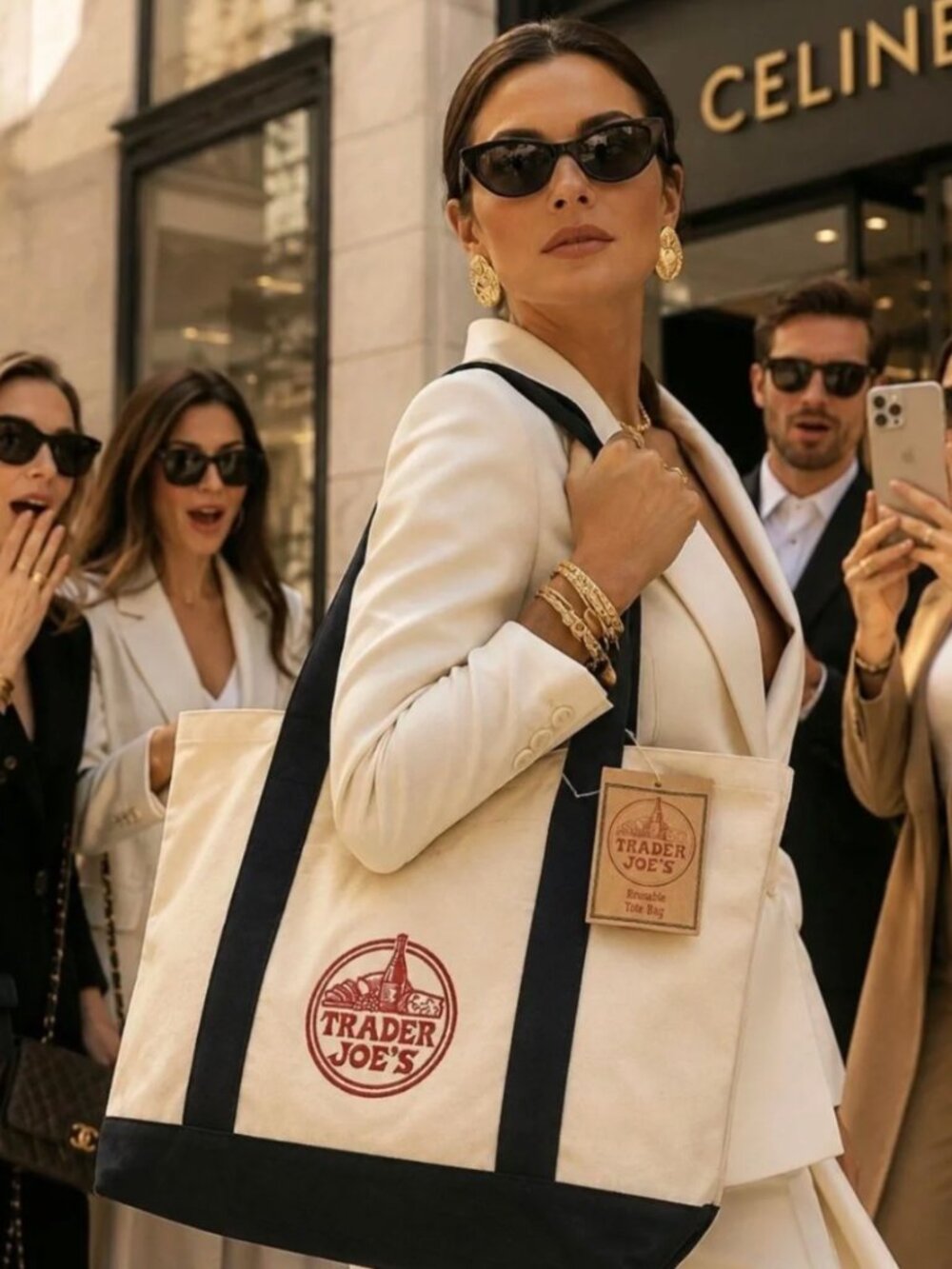 NWT Trader Joe's Navy and Cream Canvas Tote Bag